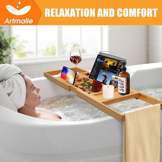 Artmalle Luxury Bathtub Caddy Tray for Tub - Foldable Bamboo Bath Table Tray with Book and Wine Glass Holder, Expandable Bathroom Accessories for Spa or Reading Lite Style - ModernBath