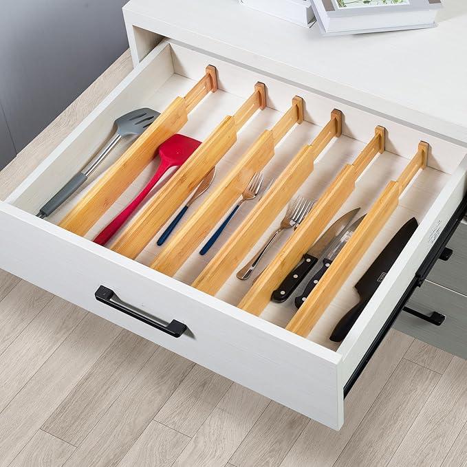 VaeFae Adjustable Bamboo Drawer Dividers, Expandable Drawer Organizer for Kitchen, Bedroom, Bathroom, Dresser and Office, 6-Pack - ModernBath