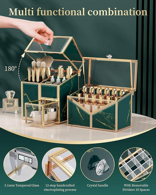 CoralHouse Makeup Organizer Countertop Set – Vanity Holder with 18-Slot Lipstick Organizer & Covered Makeup Brush Holder – Skincare, Perfume & Cosmetic Display for Bathroom or Dresser - ModernBath