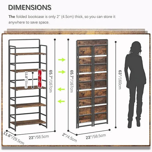 4NM No Assembly 5 Tiers Folding Bookshelf Storage Shelves Vintage Bookcase Standing Racks Study Organizer Home Office (Rustic Brown Black) - ModernBath