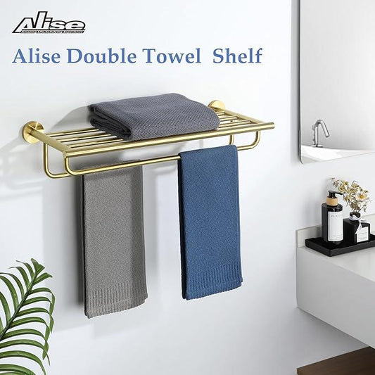 Alise 24 inch Towel Shelf with Double Towel Bars,Towel Rack for Bathroom,SUS 304 Stainless Steel Wall Mount Towel Holder Storage,Brushed Gold,GYT7060-G - ModernBath