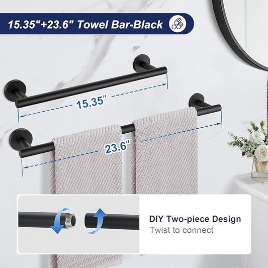 5 Pieces Matte Black Bathroom Hardware Set, 23.6-inch+15.35-inch Bathroom Towel bar SUS304 Stainless Steel Bathroom Towel Bar Set - ModernBath