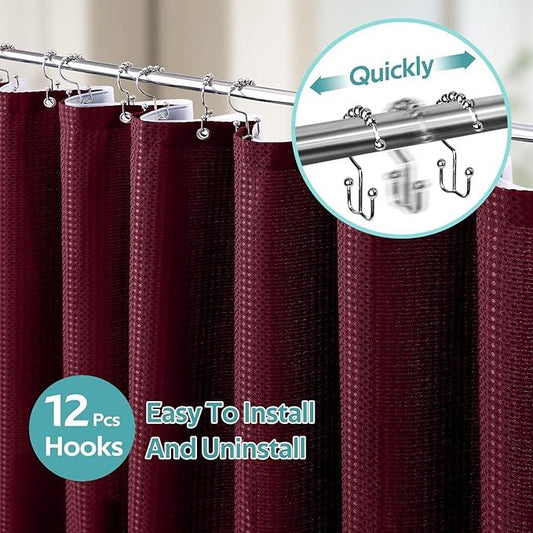 Vipfree 3 in 1 Shower Curtain Set, Waffle Shower Curtain and Liner Set with 12 Double Sided Shower Curtain Hooks, 258GSM Luxury Weighted Cloth Shower Curtains for Bathroom, 72 W x 72 H, Burgundy - ModernBath