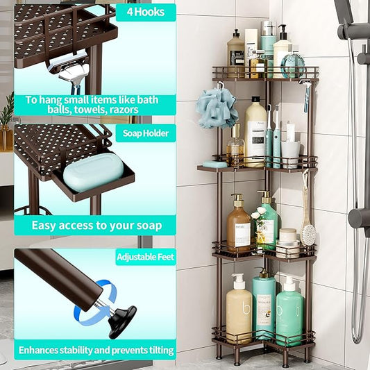 HapiRm Corner Shower Caddy Organizer - 4 Tier Shower Shelf Corner with Soap Holder, Rustproof Bathroom Standing Organizer with 4 Hooks, Bronze