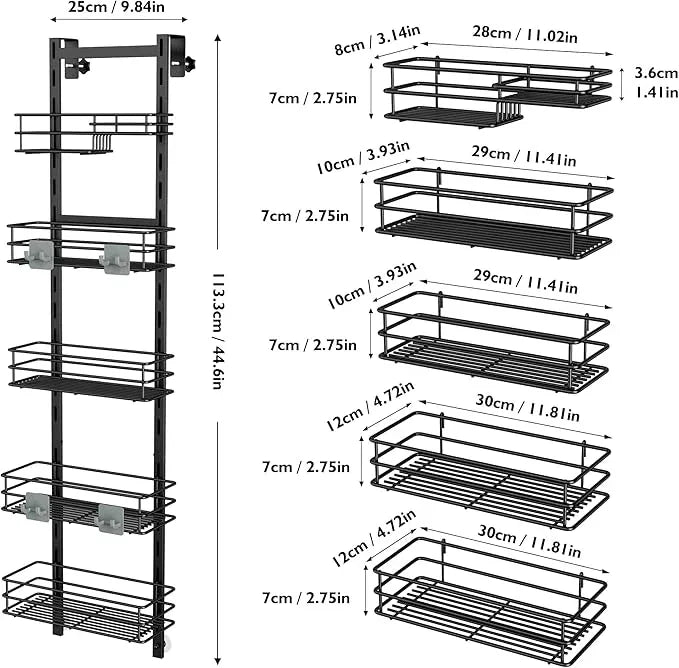 Orimade Over the Door Shower Caddy Adjustable 5 Tier Black,Bathroom Hanging Organizer Shelf Rustproof with 4 Hooks,Shower Basket with Soap Holder and Suction Cup - ModernBath