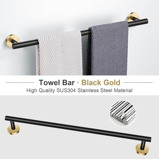 Lairuier 5 Pieces Black Gold Bathroom Accessories Set, 23.6 Inch Bath Towel Bar Set, SUS304 Stainless Steel Bathroom Hardware Set Round Toilet Paper Holder Set Wall Mounted