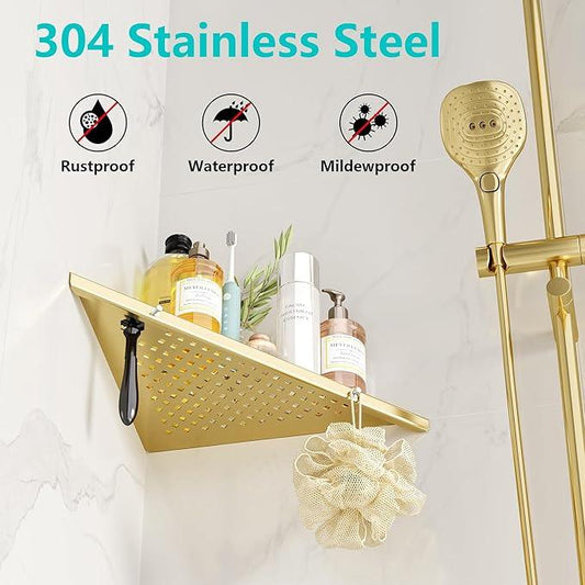 10" Bathroom Corner Shelf, 2 Pack Recessed Shower Shelf Caddy, SUS304 Stainless Steel Shelf Wall Mount Triangular, No Drilling Brushed Golden - ModernBath