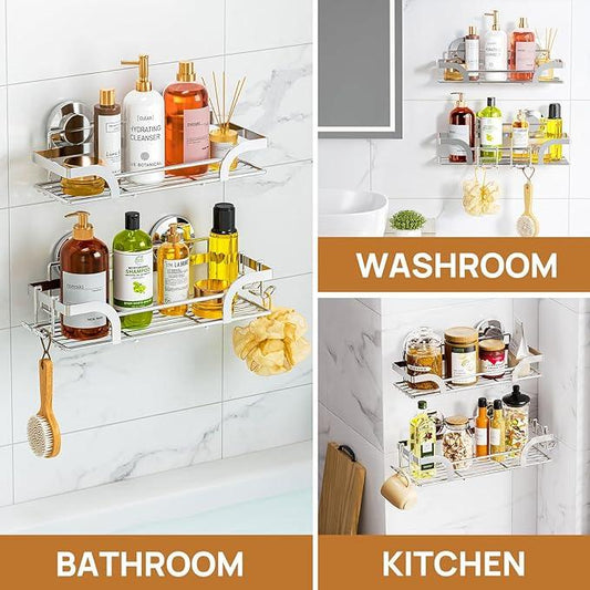 LEVERLOC 2 Pack Shower Caddy Suction Cup, Shower Shelves for Inside, Rustproof Metal Bathroom Storage NO-Drilling Bath Organizer with Large Capacity,Heavy Duty Storage Basket,Home Decor,Silver - ModernBath
