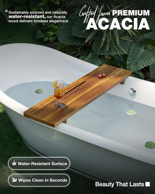 LotusSway Bathtub Tray, Acacia Bath Tray for Tub, 34.6''x9'' Wooden Bathtub Caddy Tray with Adjustable Legs Fit Various Bathtubs, Anti-Tipping, Sustainable Bath Table with Wine Glass and Tablet Holder