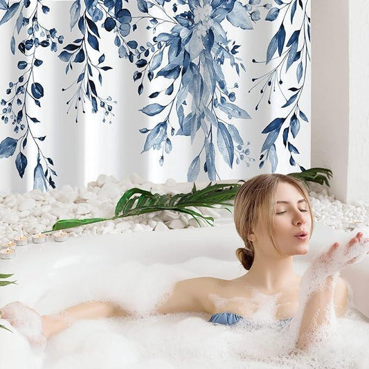 Gibelle Long Shower Curtain 72 x 78, Navy Blue Floral Shower Curtain for Bathroom, Watercolor Plant Eucalyptus Leaves Fabric Shower Curtain Set - ModernBath