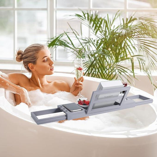 Utoplike Bathtub Tray Caddy Bamboo, Grey Bath Table for Tub Adjustable, Bathroom Organizer with Book Tablet Wine Glass Cup Towel Holder - ModernBath