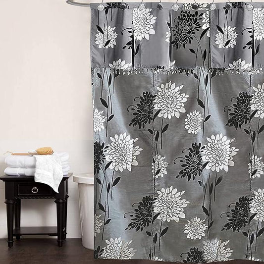 Zahari Home 13pc Erica Bathroom Fabric Shower Curtain Sets Bathroom Shower Curtain & 12 Shower Bathroom Hooks Modern Classic Luxury Contemporary Decor Grey Shower Curtain Stylish Bath Sets - ModernBath