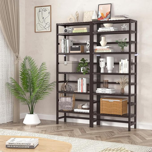 Homykic 6-Tier Bamboo Bookshelves and Bookcases, Adjustable 63.4”Tall Shallow Book Shelf Organizer Rack, Freestanding Storage Shelving Unit for Living Room, Kitchen, Bathroom, Office, Espresso