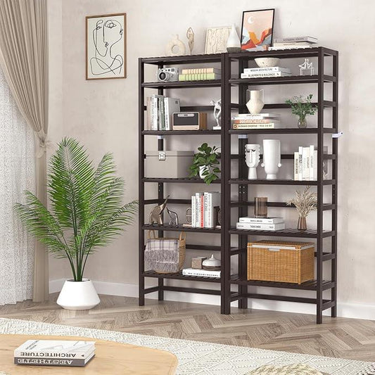Homykic 6-Tier Bamboo Bookshelves and Bookcases, Adjustable 63.4”Tall Shallow Book Shelf Organizer Rack, Freestanding Storage Shelving Unit for Living Room, Kitchen, Bathroom, Office, Espresso - ModernBath