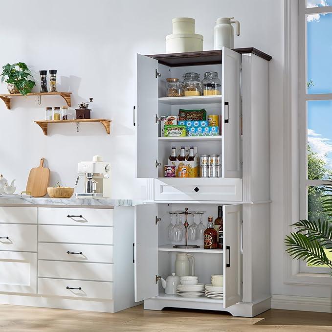 71" White Tall Pantry Cabinet with Drawer and Adjustable Shelves, Modern Storage Cabinet with Doors, Kitchen Buffet Cabinet, Food Pantry Storage Cabinet, Coffee Bar, Living Room and Dining Room - ModernBath