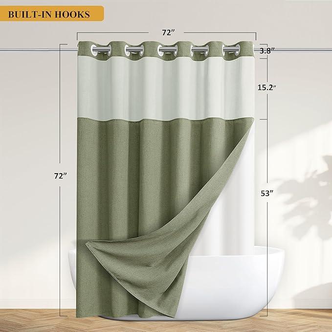Jowels No Hooks Needed Linen Shower Curtain and Liner Set,Sage Green Hotel Luxury Decor Shower Curtains for Bathroom with See Through Top Window,Water Resistant Fabric,72Wx72L,Sage Green - ModernBath