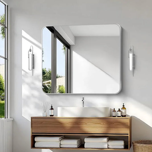 BONEWEI Silver Bathroom Mirror,30x36 inch Wall Mirror for Bathroom Wall Mounted,Rectangle Mirror for Bathroom Over Sink,Modern Frame Round Corner for Living Room,Bedroom Entryway,Horizontal/Vertical - ModernBath