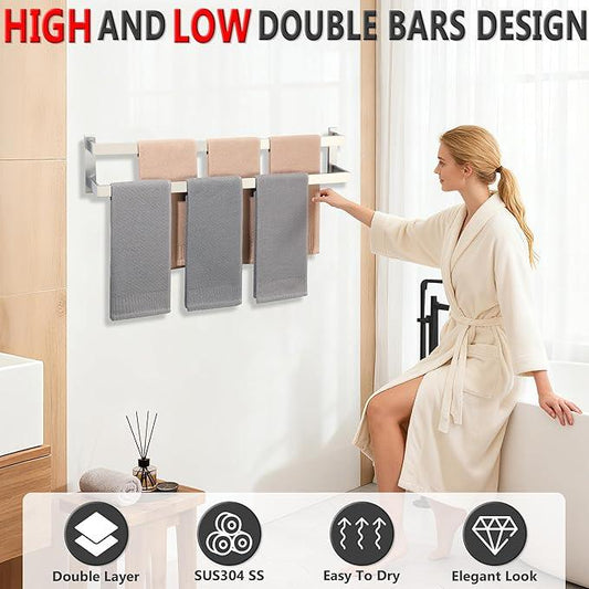 Alise 32 Inch Double Towel Bars for Bathroom Wall Mount,Brushed Nickel Towel Holder Double Towel Racks for Bathroom Lavatory,SUS304 Stainless Steel Square Towel Rail Towel Hanger for Walls - ModernBath