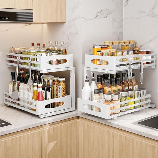 Under Sink Organizer, 2 Tier Under Sink Organizers and Storage, Adjustable Height, Slide out Metal Cabinet Organizers, Pull out Cabinet Storage Drawer Shelf for Kitchen Bathroom - ModernBath