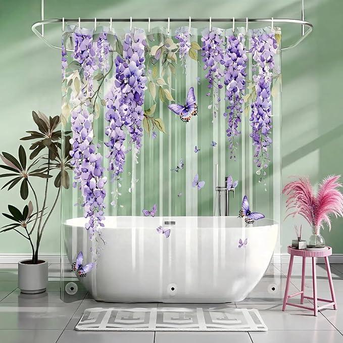 Clear Purple Floral Lavender Butterfly Shower Curtain, Plastic Transparent Cute Pretty Flower Decorative Aesthetic Shower Curtains for Bathroom, 72x72 Weighted Magnetic Shower Curtain Liner with Hooks - ModernBath