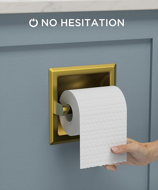 FORIOUS Recessed Toilet Paper Holder, Stainless Steel Durable Tissue Roll Holder Wall Mount for Bathroom Space Saving Design with Mounting Bracket, in Wall Toilet Paper Dispenser Insert, Gold