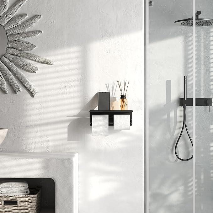 Black Toilet Paper Roll Holder with Shelf Wall Mounted for Bathroom (Black, Double Head) - ModernBath