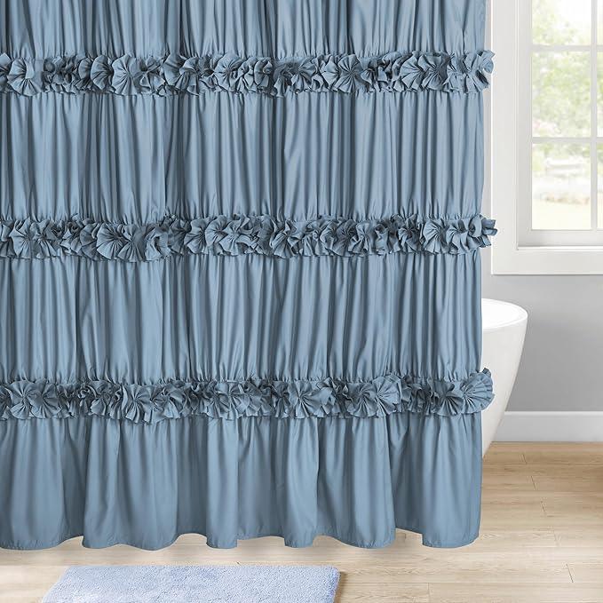 Homechoice Decor Dusty Blue Ruffle Shower Curtain, Vintage Handcrafted Bow Tie Bath Curtain for Master Bathroom, Ruched Microfiber Bathroom Curtain with 12 Buttonholes, 72" W x 72" H (LQ-10) - ModernBath