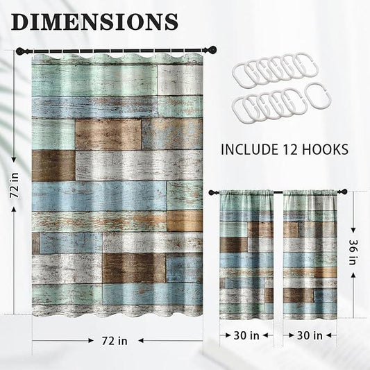 Culudea Wood Rustic Vintage Blue Brown Waffle Textured Cloth Shower Curtain Set, Farmhouse Retro Bathroom Window Waterproof Shower Curtains for Bathroom Decor - ModernBath