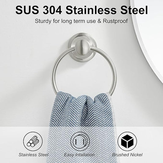 BESy Brushed Nickel Bathroom Hand Towel Ring Towel Holder, Rustproof Wall Mounted Bathroom Hardware Accessory SUS 304 Stainless Steel Towel Rack
