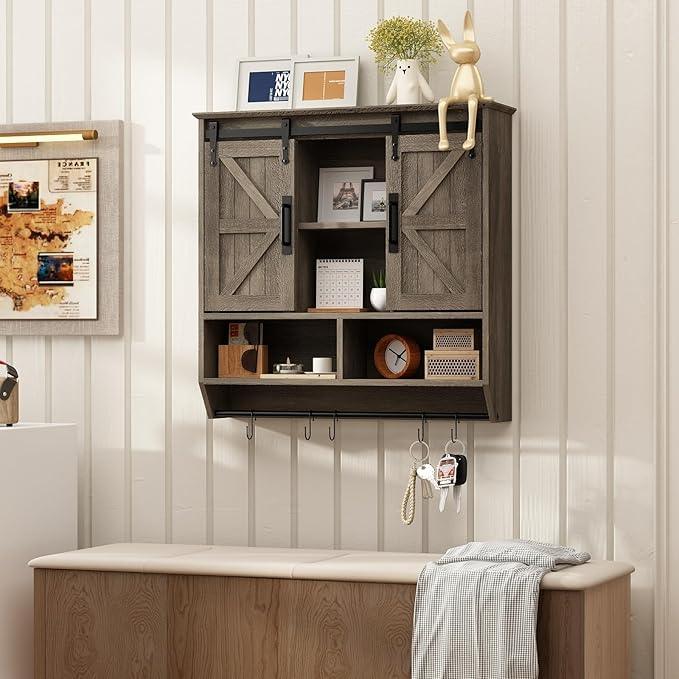 RUSTOWN Farmhouse Bathroom Wall Cabinet,3-Tier Rustic Wood Wall Mounted Cabinets,Vintage Medicine Cabinet with Sliding Barn Door and Adjustable Shelves,Over The Toilet Storage Cabinet (Washed Oak) - ModernBath
