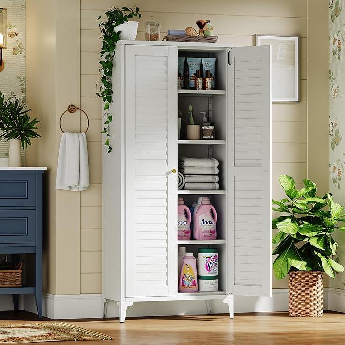 64" H Kitchen Pantry Storage Cabinet, Metal Storage Cabinets with 4 Adjustable Shelves for Kitchen Bathroom Living Room, Required Assembly, White - ModernBath