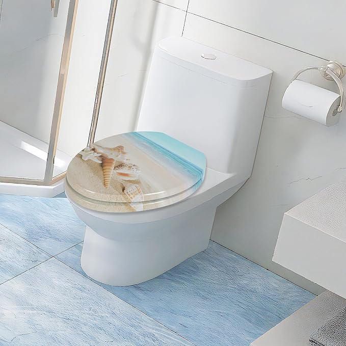 Angol Shiold Elongated Toilet Seat Molded Wood Toilet Seat with Quietly Close and Quick Release Hinges, Easy to Install also Easy to Clean (Elongated, Beach)