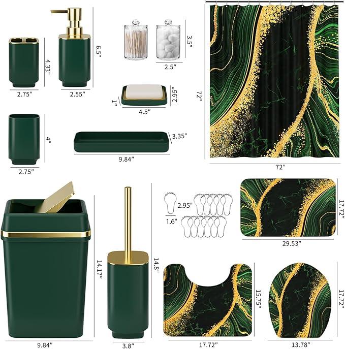 25PCS Bathroom Accessory Set, Dark Green Bathroom Set with Large-Capacity 4 Gallon Trash Can,Bathroom Rugs Set, Waterproof Shower Curtain, Toilet Brush, Toothbrush Holder & Soap Dispenser - ModernBath