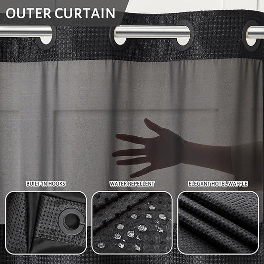 Furlinic No Hook Waffle Weave Shower Curtain with Snap in Liner Set,Heavy Duty Fabric Textured Bathroom Curtain with Sheer Window,Waterproof & Machine Washable,Black,Stall Size 54x80 Inch - ModernBath