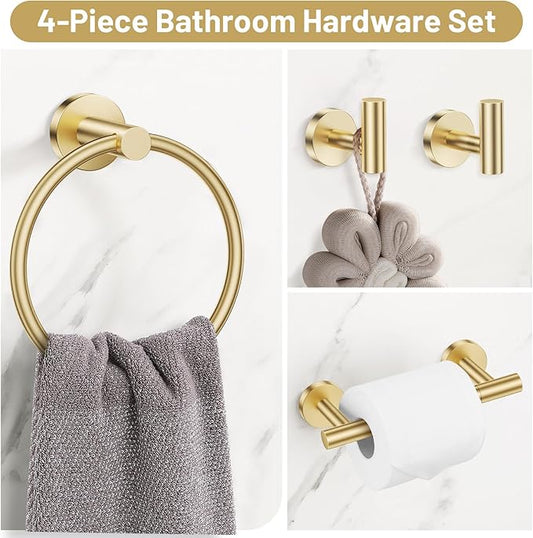 Lairuier Brushed Gold Towel Holder Set Include Double Bases Toilet Paper Holder,Towel Ring and 2 Towel Hooks Stainless Steel Wall Mounted Bathroom Hardware Accessories Set