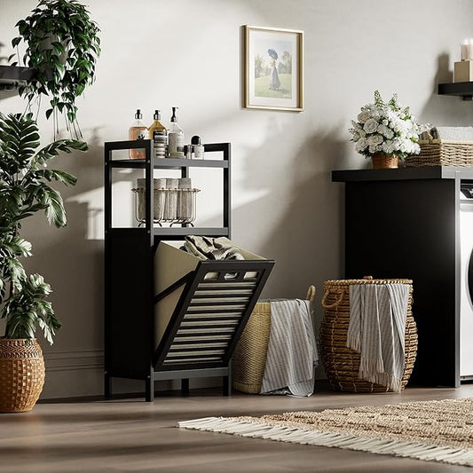 HITNET Tilt Out Laundry Hamper, Bamboo Bathroom Cabinet with Pull Out Removable Bag and 2 Tier Storage Shelves, 8.5 Gallon Clothes Basket with Metal Handle, Black