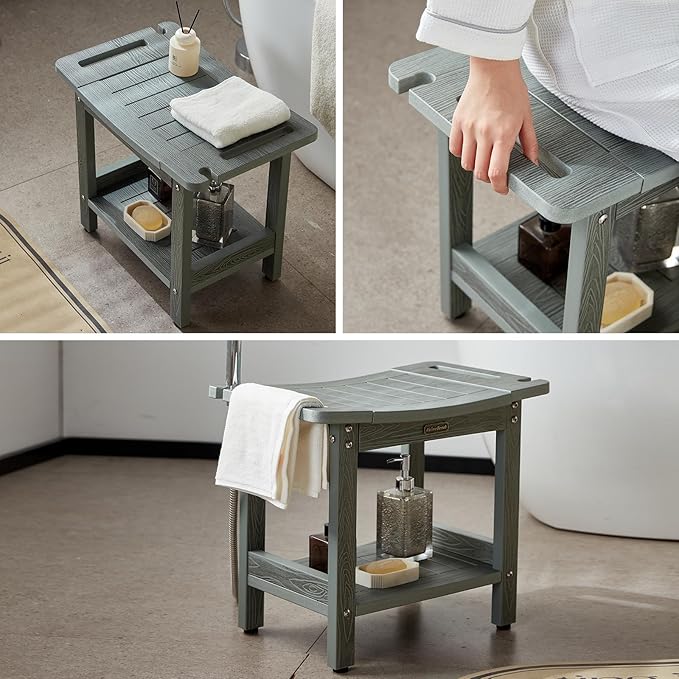 HDPS Shower Bench for Inside Shower, Gray Waterproof Shower Stool for Shaving Legs, Poly Lumber Shower Chair Seat with Handles & Shower Head Holder, Bathroom Shower Foot Rest Stool with Storage Shelf