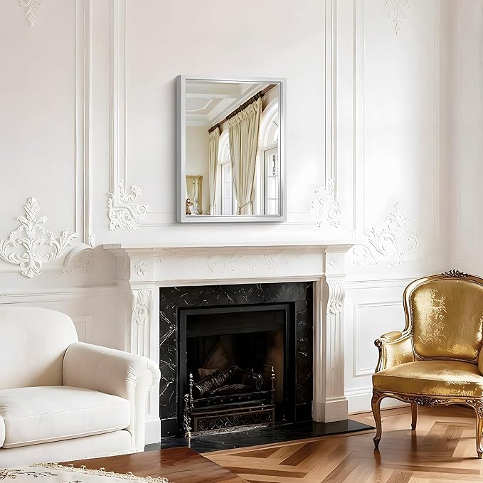 CIVENO 18x24 Silver Bathroom Mirror, Brushed Silver Rectangular Mirror for Wall, 0.6" Thickened Deep Frame Mirrors for Bathroom Sink, Shatterproof Tempered Glass, Antirust, Horizontally or Vertically