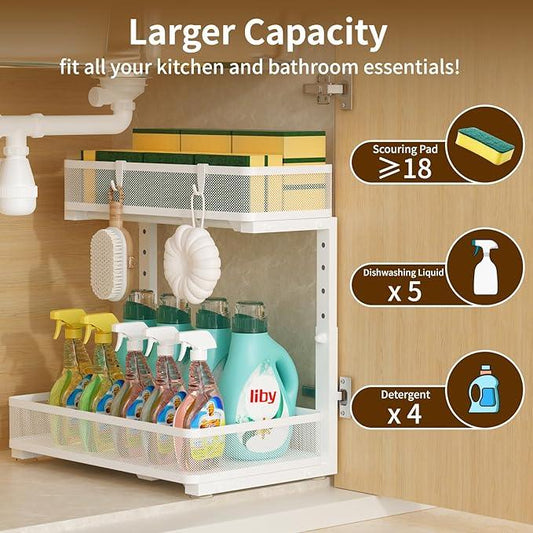 Under Sink Organizer 2 Pack, 2-Tier Slide Out Cabinet Organizer with Metal Sliding Drawer and Hooks, Pull Out Storage Baskets for Kitchen Bathroom Pantry Cabinet Organization (White) - ModernBath