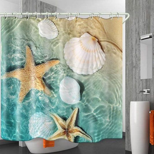 LYFANS Shower Curtains Waterproof Polyester Fabric,Large Width Bright Partition Curtain with Scallop Beach Print,Shower Curtain Liner for Bathtub Bathroom with 12 White Hooks (72 x72 inches) - ModernBath