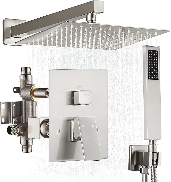 Fransiton Shower Faucet set with Shower head 12 Inches Rainfall Shower Head and Handle Set Single Handle Wall Mounted Shower System Set with Female Threads Valve Body(Brushed Nickel) - ModernBath