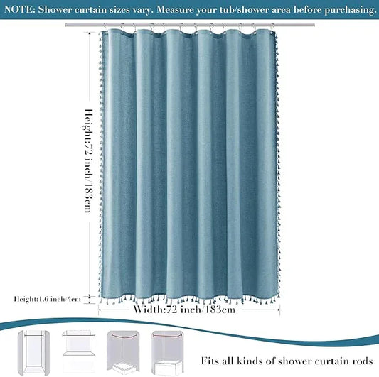Nanspring Blue Boho Linen Shower Curtain 72 Inch Fabric Textured Elegant Shower Curtain Set with Hooks Simple Aesthetic Bathroom Decor with Hooks Vintage Cottage Bath Curtain for Bathroom 72x72 - ModernBath