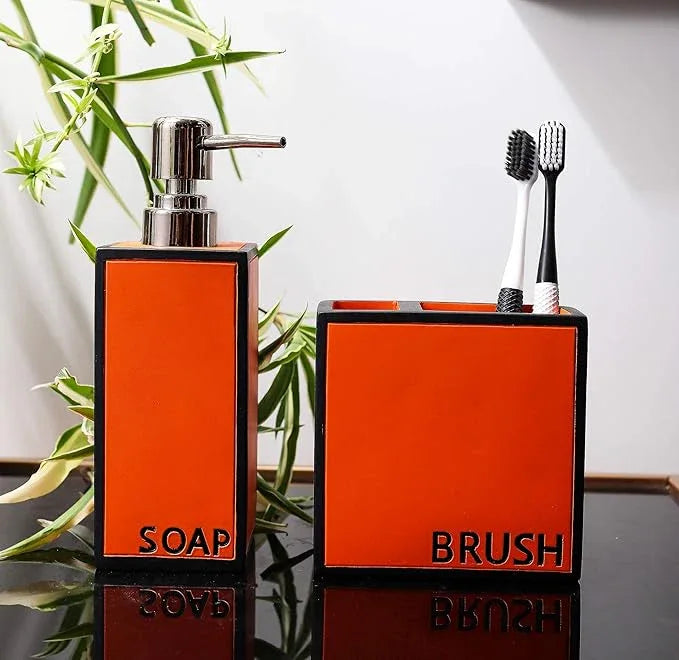 Hymmah Bathroom Accessories Set,Toothbrush Holder,Farmhouse Bathroom Decor,4 Pcs Resin Gift Set Apartment Necessities, Contain Toothbrush Cup,Soap Dispenser,Soap Dish,Tumbler Orange - ModernBath