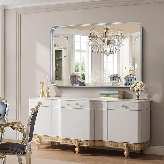 FORBATH 55x36 Inch Large Bathroom Mirror for Double Sinks, Brushed Silver Deep Frame Wall Mirror with Rounded Corners, Anti-Rust Tempered Glass for Modern Farmhouse Vanity (Horizontal/Vertical) - ModernBath