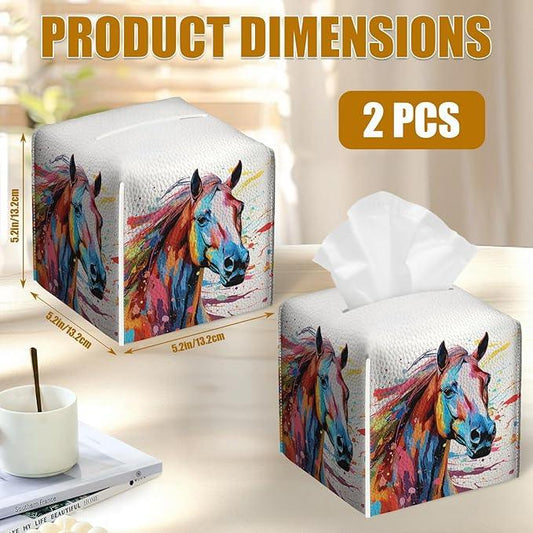Colorful Horse Tissue Box Cover 2PCS, Animals Leather Tissue Box Holder Square Facial Paper Case Tissue Box Cube Organizer for Bathroom Bedroom Desk Office - ModernBath