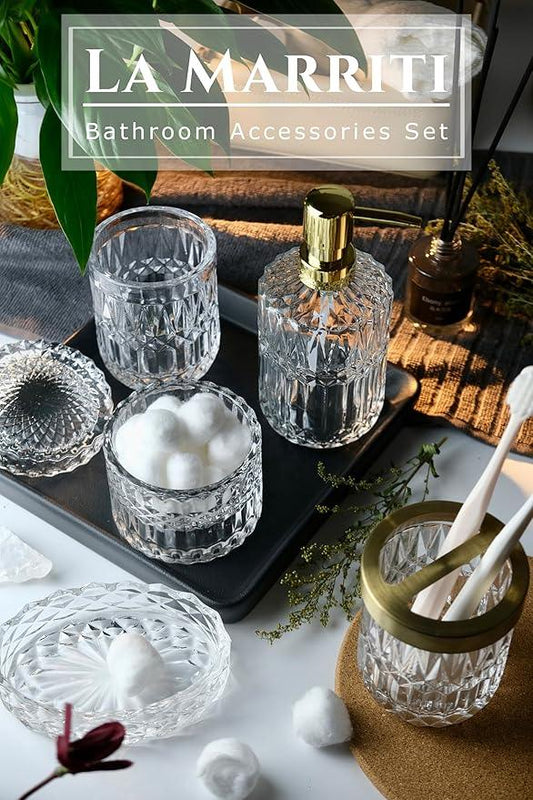 LaMarriti Glass Bathroom Accessories Set, 5pcs Crystal Clear Bathroom Set Accessories, Soap Dispenser, Toothbrush Holder Set, Soap Dish, Tumbler, Qtips Holder for Vintage Bathroom Decor, Gift Set - ModernBath