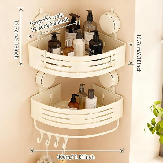 Structoline Corner Suction Cup Shower Caddy(2-Pack Cream White),No-Drilling Aluminum Shower Shelf with Towel Bar & Hooks,Removable Bathroom and Kitchen Storage Organizer - ModernBath