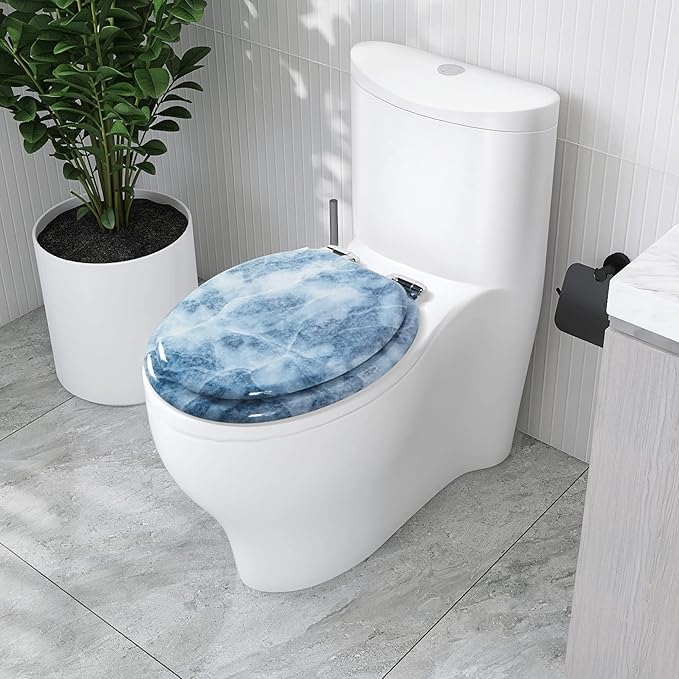 Angol Shiold Round Toilet Seat Molded Wood Toilet Seat with Quietly Close and Quick Release Hinges, Easy to Install also Easy to Clean (Round, Blue Marble)