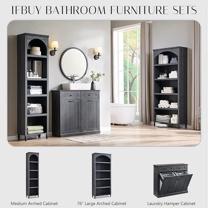 76" Tall Arched Bathroom Storage Cabinet, 5 Tiers Large Farmhouse Arched Cabinet w/Adjustable Shelves, Modern Wooden Storage Cabinet for Bathroom, Living Room, Entryway, Study Room (Dark Grey) - ModernBath