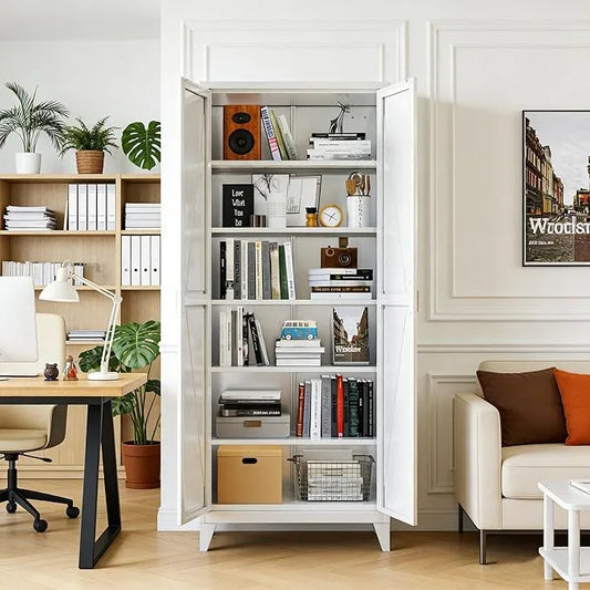 75" H Metal Pantry Cabinet, Kitchen Pantry Storage Cabinets with 5 Adjustable Shelves, for Home Office Bathroom, Required Assembly, White - ModernBath